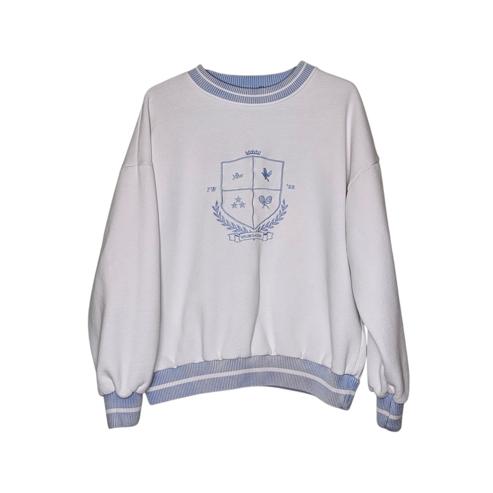 Yllw Wellness Academy Sweatshirt XS White Blue Crest Pullover Bleached Oversized